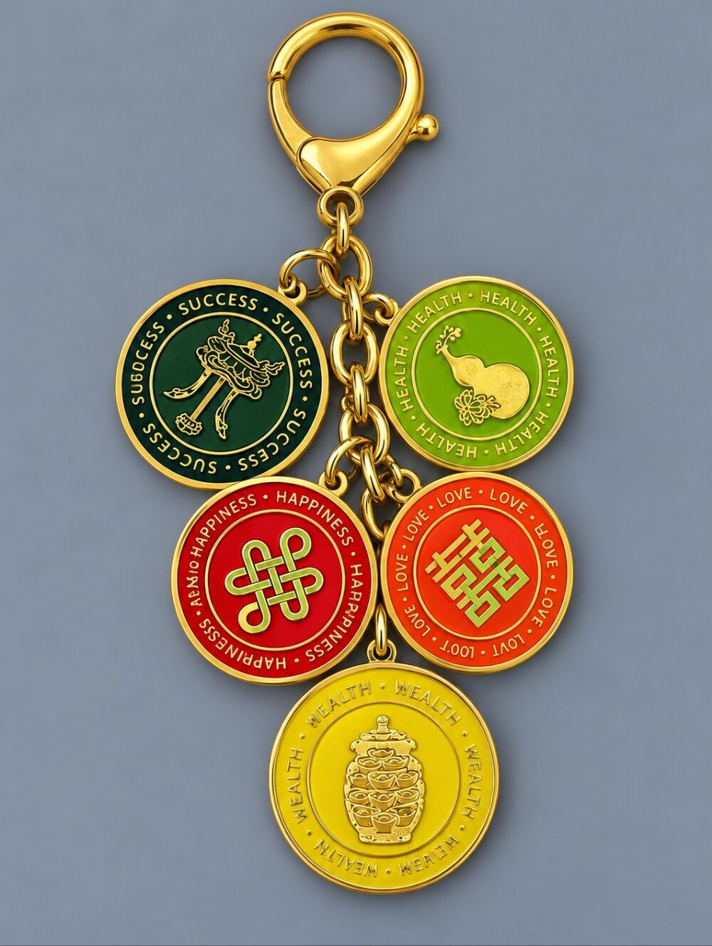 Gold Multi-Color 5 Element Purse Charm for Health, Wealth and Happiness